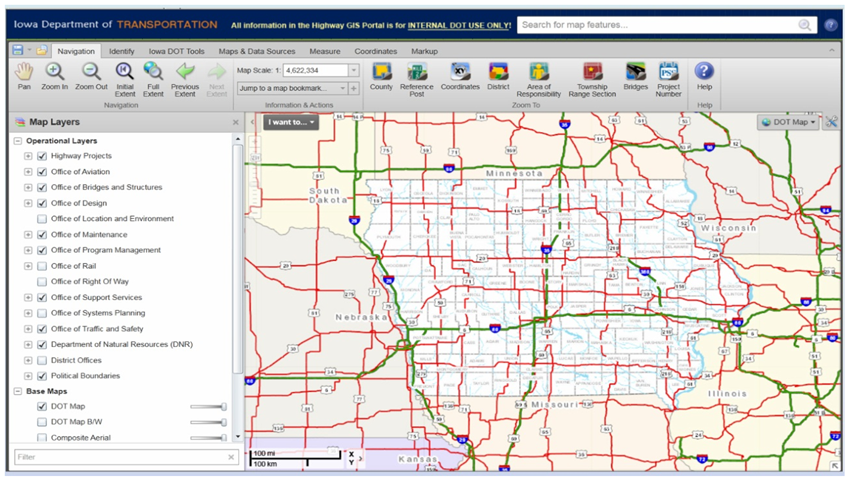 screenshot of IADOT's portal displaying a map of Iowa that is layered with twelve data layers selected from a data layer menu on the left