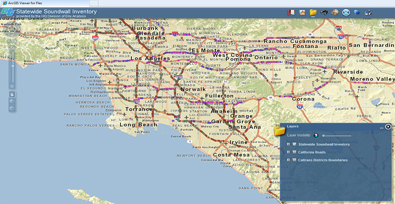 Screenshot of Caltrans' Online Statewide Sound Wall Inventory showing a map of the greater Los Angeles area with three visible layers: Statewide Soundwall Inventory, California Roads, and Caltrans Districts Boundaries