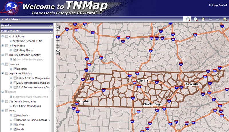 Screenshot of TNMap showing a map of Tennessee with its counties outlined and four major cities labeled: Nashville, Memphis, Chattanooga, and Knoxville