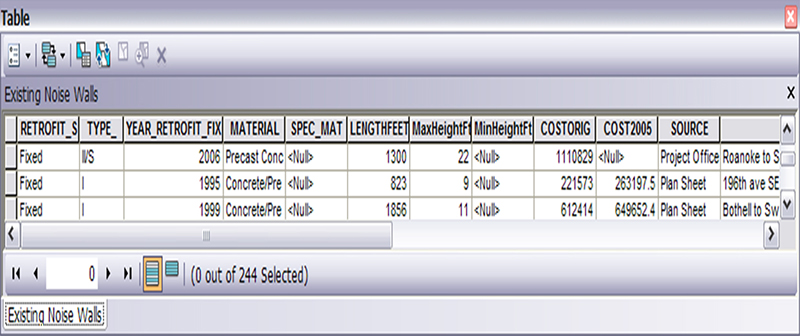 Screenshot of Select Fields for existing walls from WSDOT's Noise Inventory showing a data table