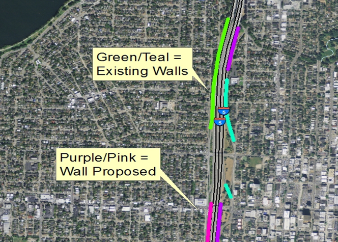 Screenshot of Existing and Proposed Noise Walls from the Workbench showing an aerial photograph with color-coded lines to specify existing and proposed walls