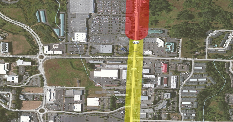 Screenshot of Output from WSDOT's 'Potential Area of Noise Effects' GIS model which shows a section of Rte 539 colored in red and a section colored in yellow