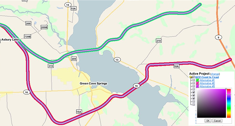 EST Screenshot showing a map of the area around Green Cove Springs with color-coded roads