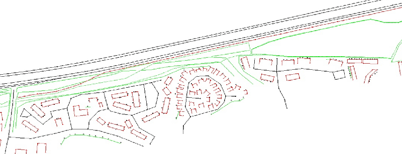Screenshot of Resulting Existing Condition TNM Model for I-40 Widening showing a color-coded line drawing view of the same section of I-40 as in Figure 5