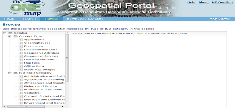 Screenshot of the data browse function within NC OneMap's Geospatial Portal