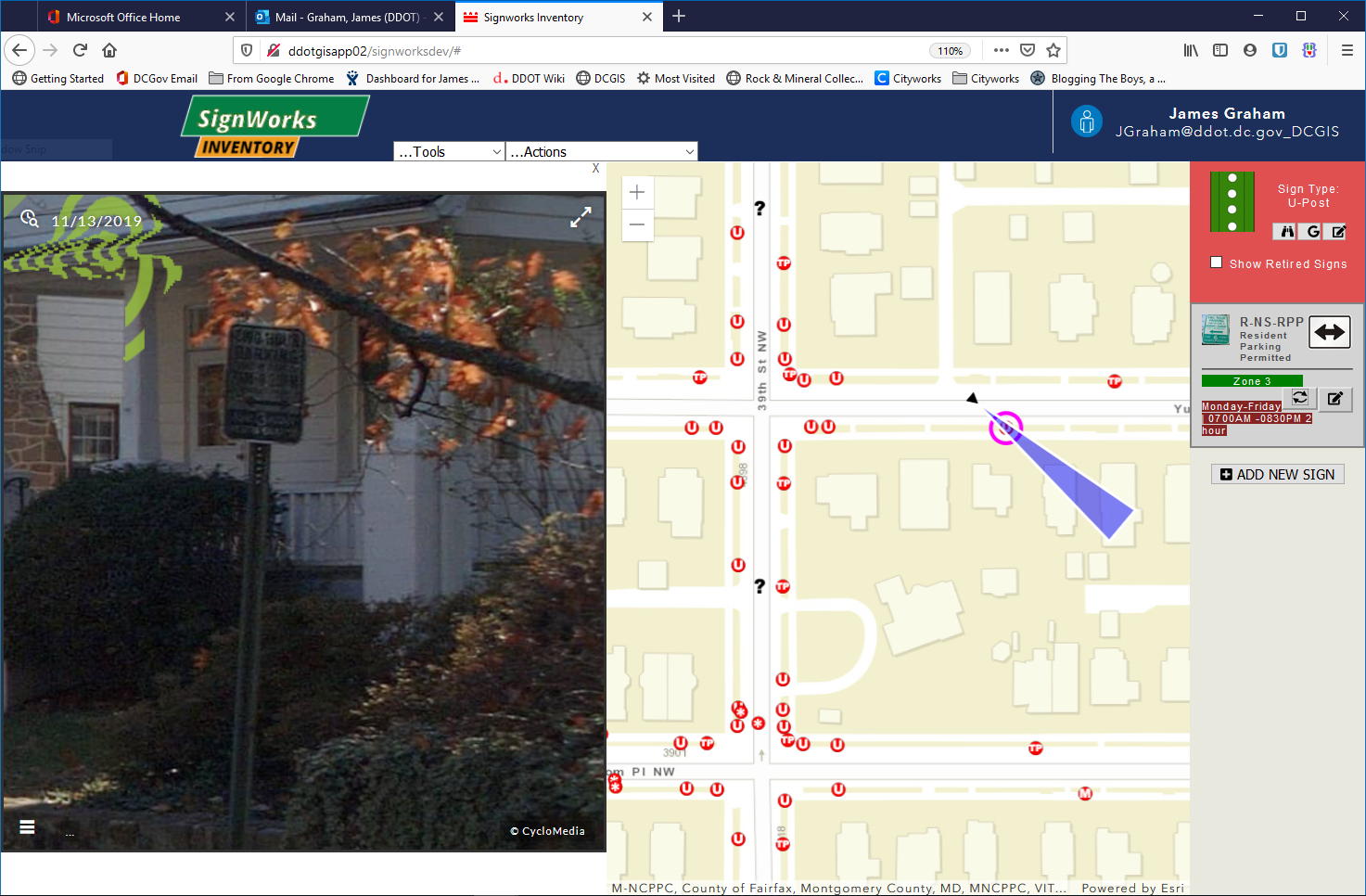 screenshot of the Signworks inventory manager displaying a map marked with locations of street signs, an arrow pointing to the selected street sign, a photo of that street sign, and a block of information about that street sign