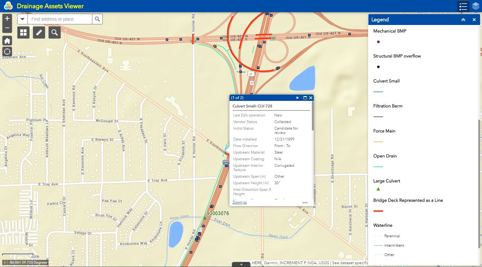 screenshot of INDOT’s Drainage Assets Viewer application that allows users to select from eight types of assets. A culvert has been selected and a popup box is displaying that contains detailed information about that culvert