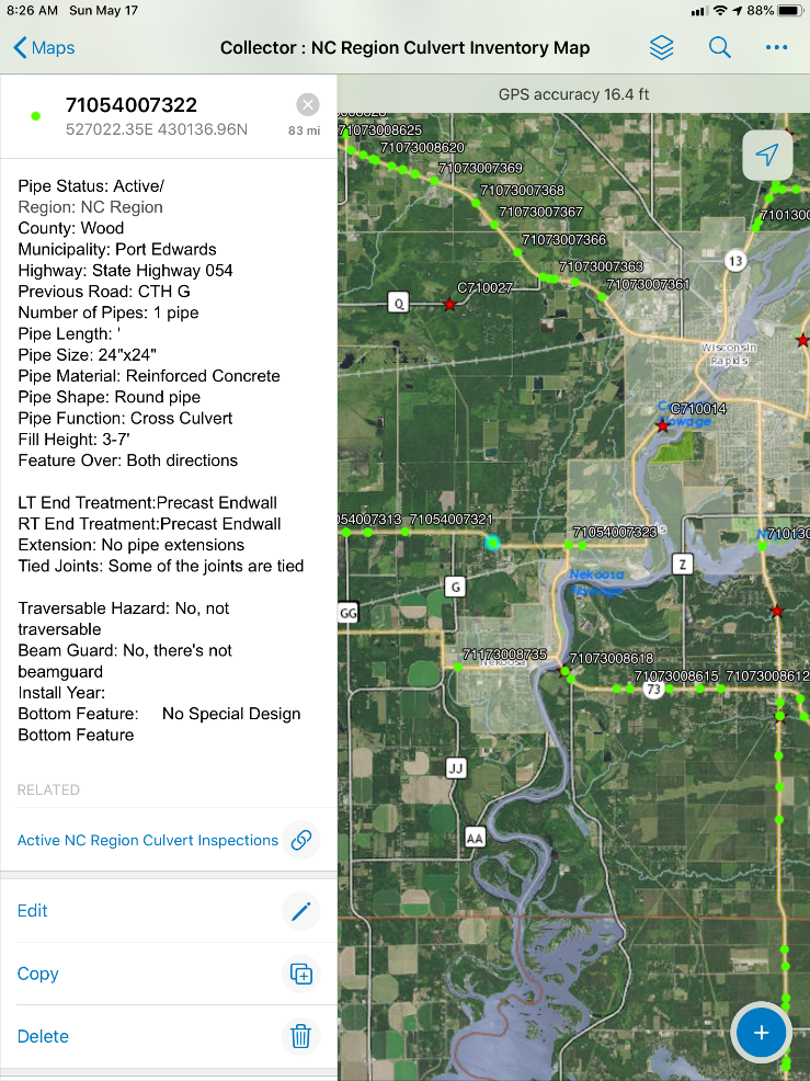 screenshot of WisDOT’s Collector app displaying a map and the details of a selected culvert