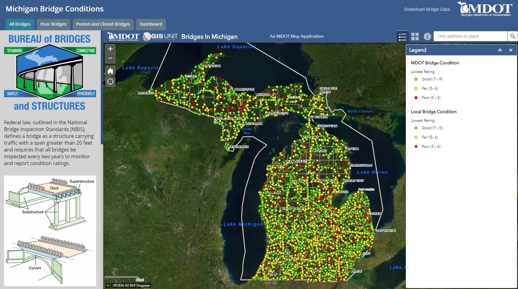 screenshot of MDOT’s Bridge Conditions dashboard displaying a map of Arkansas overlaid with colored dots that indicate the condition of MDOT bridges and local bridges