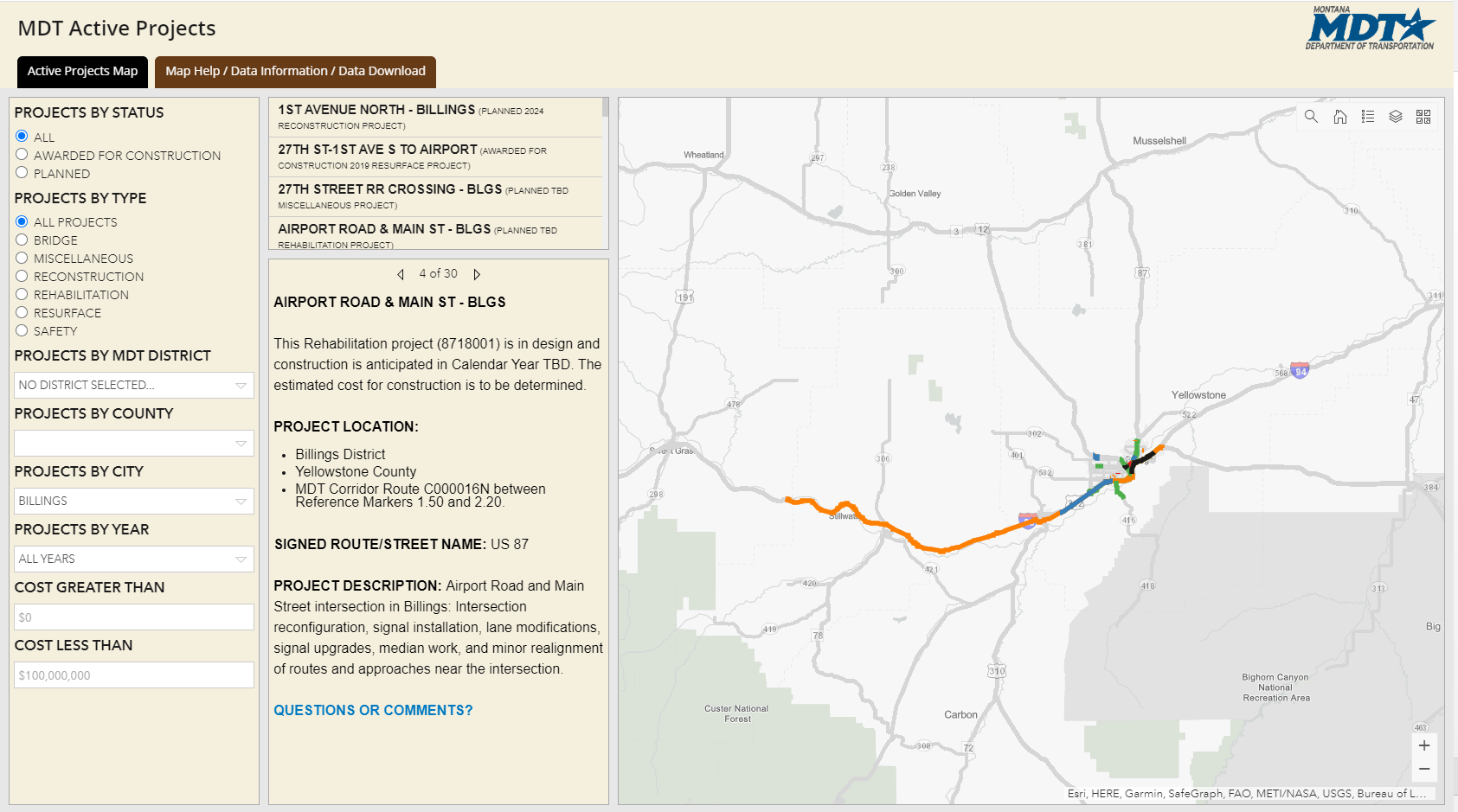 screenshot of MDT’s Active Projects dashboard displaying a column of selectable data, a column of data, and a map of Billings, Montana