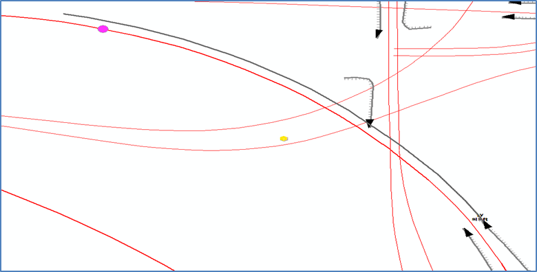 Screenshot of a GIS layer generated from the RFIP Data Editor, which consists of colored lines and black lines with directional arrows