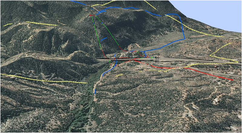 Computer-generated topographic image of the area of the I-25 interchange project. Additional description of the image is provided in the preceding paragraph