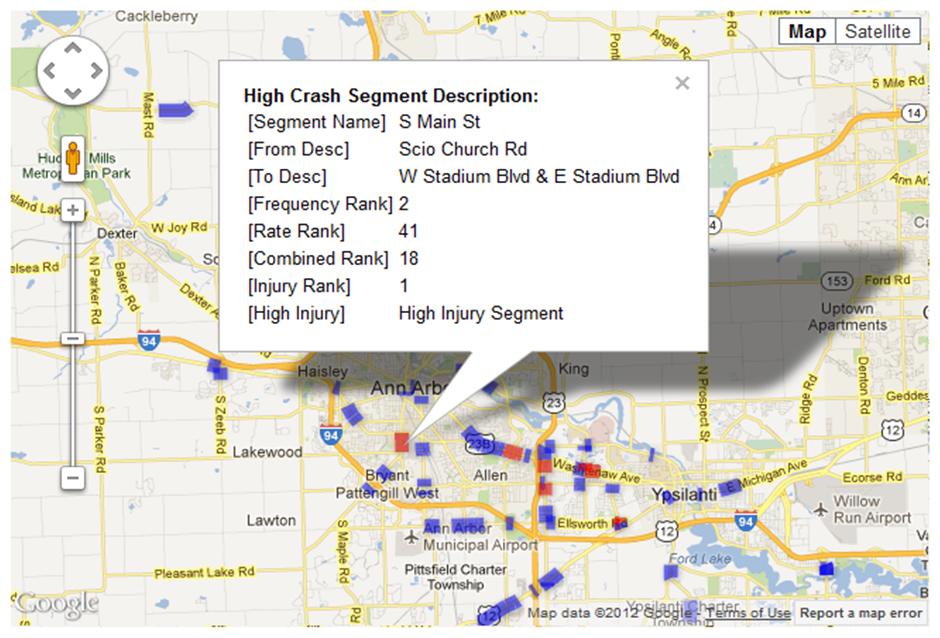 Screenshot of Transportation deficiency map developed by WATS using Google Fusion and Tables