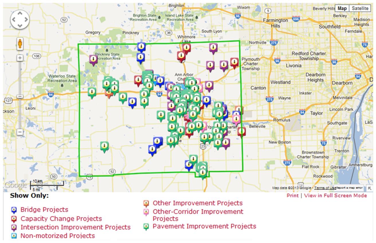 Screenshot of map of Washtenaw County from the Maps in Mi Community Remarks show proposed projects in the LRTP depicted with colored pins