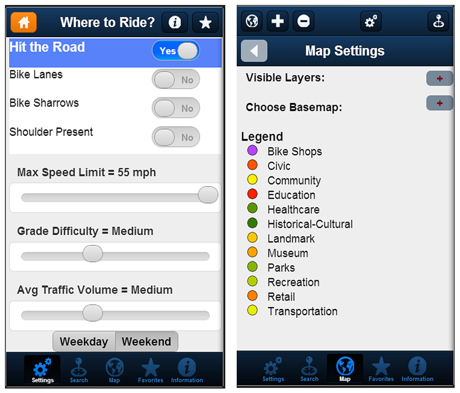 Screenshots of the Cycle MD mobile application: the 'Where To Ride' screen and the Map Settings screen