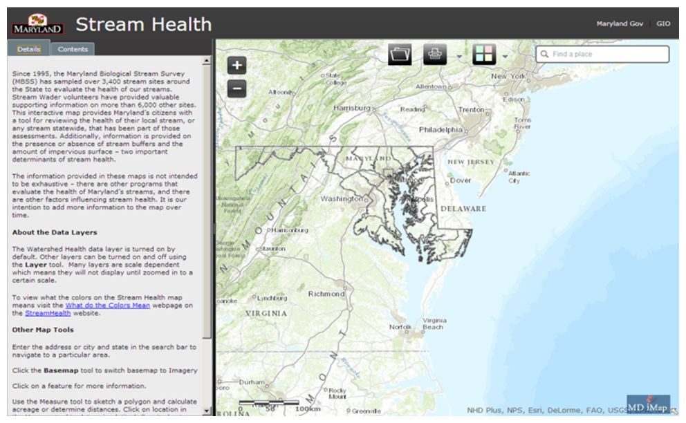 Screenshot of MD iMAP's StreamHealth application as it currently exists when accessed through MD iMAP's ArcGIS Online portal