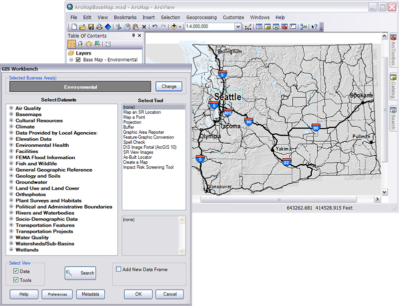 Composite image of two screenshots. The Workbench main menu screenshot shows the options the user can select from a list of Datasets and a list of Tools. The Workbench opening basemap screenshot displays a map of Washington State with U.S. interstates labeled. The opening basemep menu of layers to select is covered over by the main menu screenshot.