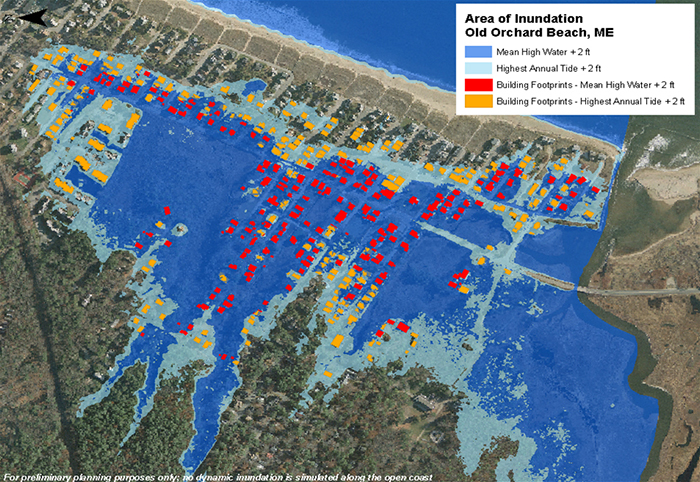 Aerial computer image of Old Orchard Beach, Maine, color-coded to show the areas vulnerable to inundation under various SLR scenarios: blue shows the Mean High Water + 2 ft, light blue shows the Highest Annual Tide + 2 ft, red shows Building Footprints - Mean High Water + 2 ft, and orange shows Building Footprints - Highest Annual Tide + 2 ft.