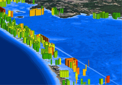 An ArcGlobe 3D image of York, Maine with colored 3D boxes representing the economic impact to business locations given a scenario of a particular level of storm