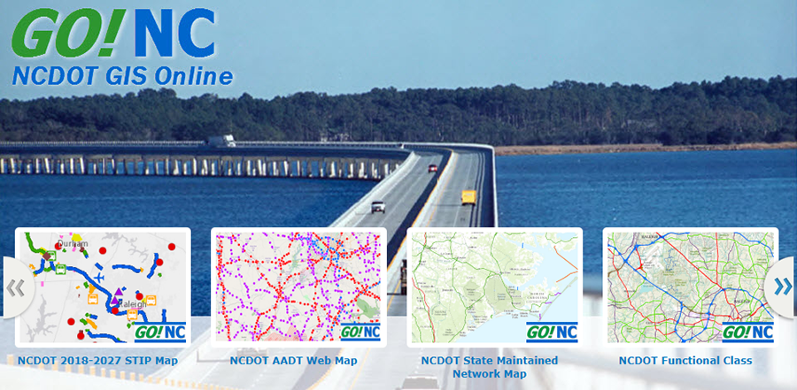 screenshot of GO!NC’s home page displaying links to a STIP map, an AADT map, a network map, and a functional class