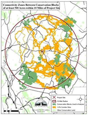 Screenshot of NHA's wildlife connectivity model showing conservation blocks of at least 500 acres within 10 miles of a project