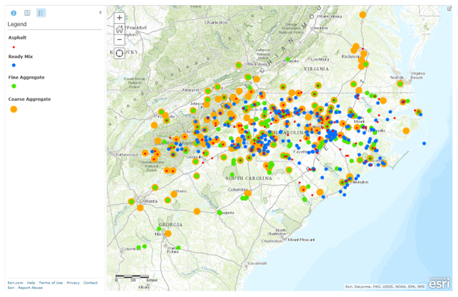 Screenshot from the Go!NC gateway that shows a map of North Carolina marked with colored dots to show locations of paving materials: red for asphalt, blue for ready mix, green for fine aggregate, and orange for coarse aggregate