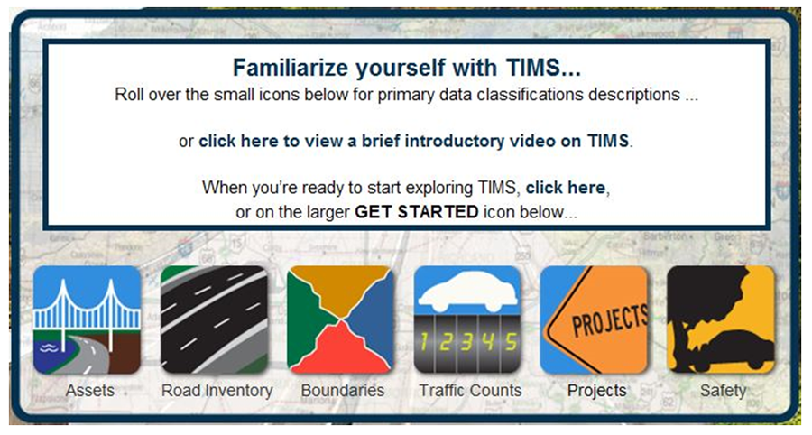 Screenshot from ODOT's TIM portal with brief directions and icons of primary data classifications: Assets, Road Inventory, Boundaries, Traffic Counts, Projects, and Safety