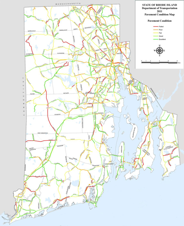 2011 state of Rhode Island Pavement Condition Map with colored line segements showing the following conditions: red for failed, orange for poor, yellow for fair, light green for good, and thicker, brighter green for excellent