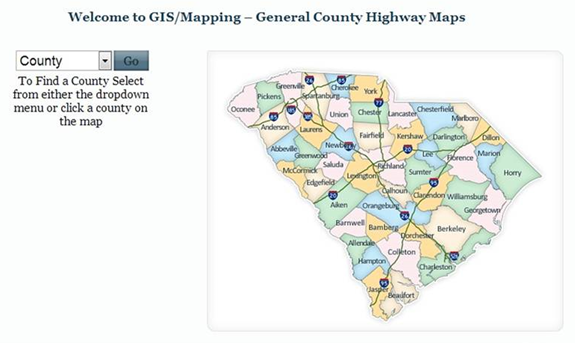 Screenshot from SCDOT's GIS/Mapping website of a county map of South Carolina with a county selector dropdown menu