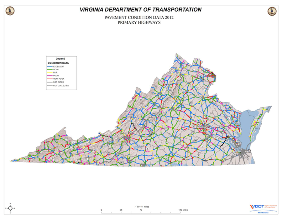 Screenshot form VDOT's Roadway Inventory Management System showing a map of Virginia with roads colored to show pavement condition: blue for excellent, green for good, yellow for fair, pink for poor, red for very poor, black for not rated, and gray for not collected