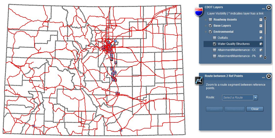 Screenshots from CDOT's OTIS portal showing a Colorado county map with major roads marked by red lines, a menu allowing the user to select map layers, and a menu allowing the user to zoom to a route segment between two reference points
