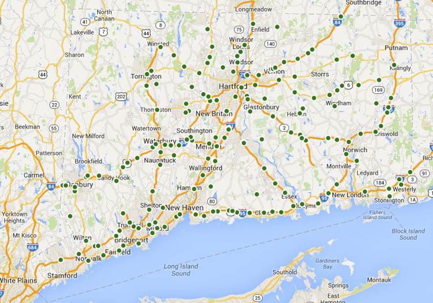a map of Connecticut from the Connecticut Open Data Portal marked with green circles that show Park and Ride locations