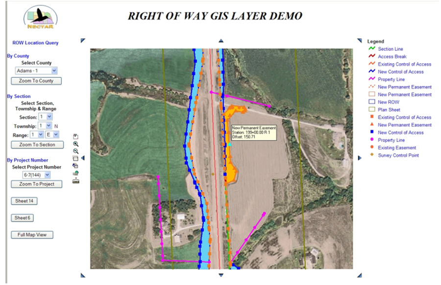 Screenshot from NECTAR showing a Right-of-Way GIS Layer Demo which shows a satellite image of a section of a road and the surrounding area. Various colored symbols and lines are overlaid on top of the image to mark property lines, existing easements, etc.