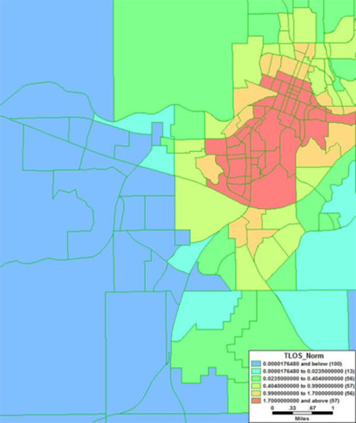 map of the Flagstaff region color-coded by transit level of service