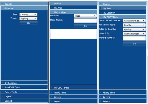 Screenshots from the GeoTRAQs GIS portal showing three different open states of the left menu accordion: By Area, By Location, and By GDOT Data.
