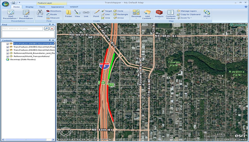 TransMapper screenshot showing noise wall locations, both existing and proposed