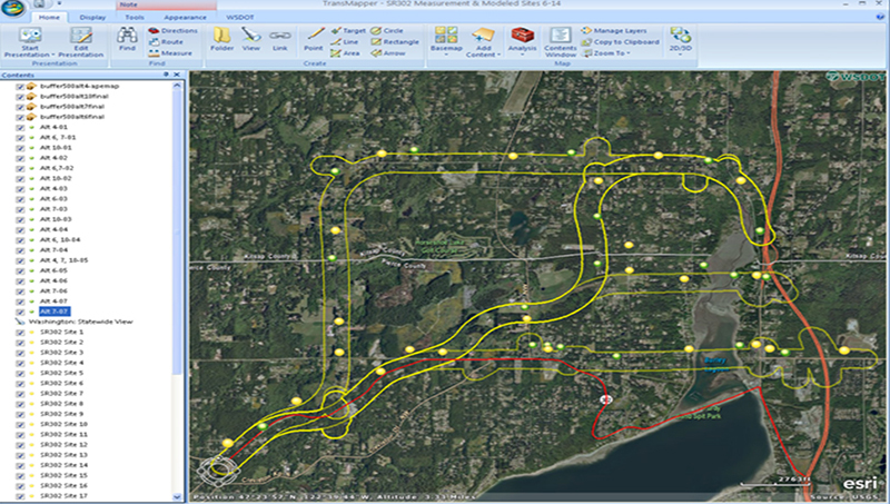 TransMapper screenshot of the Noise Analysis layer with color-coded lines