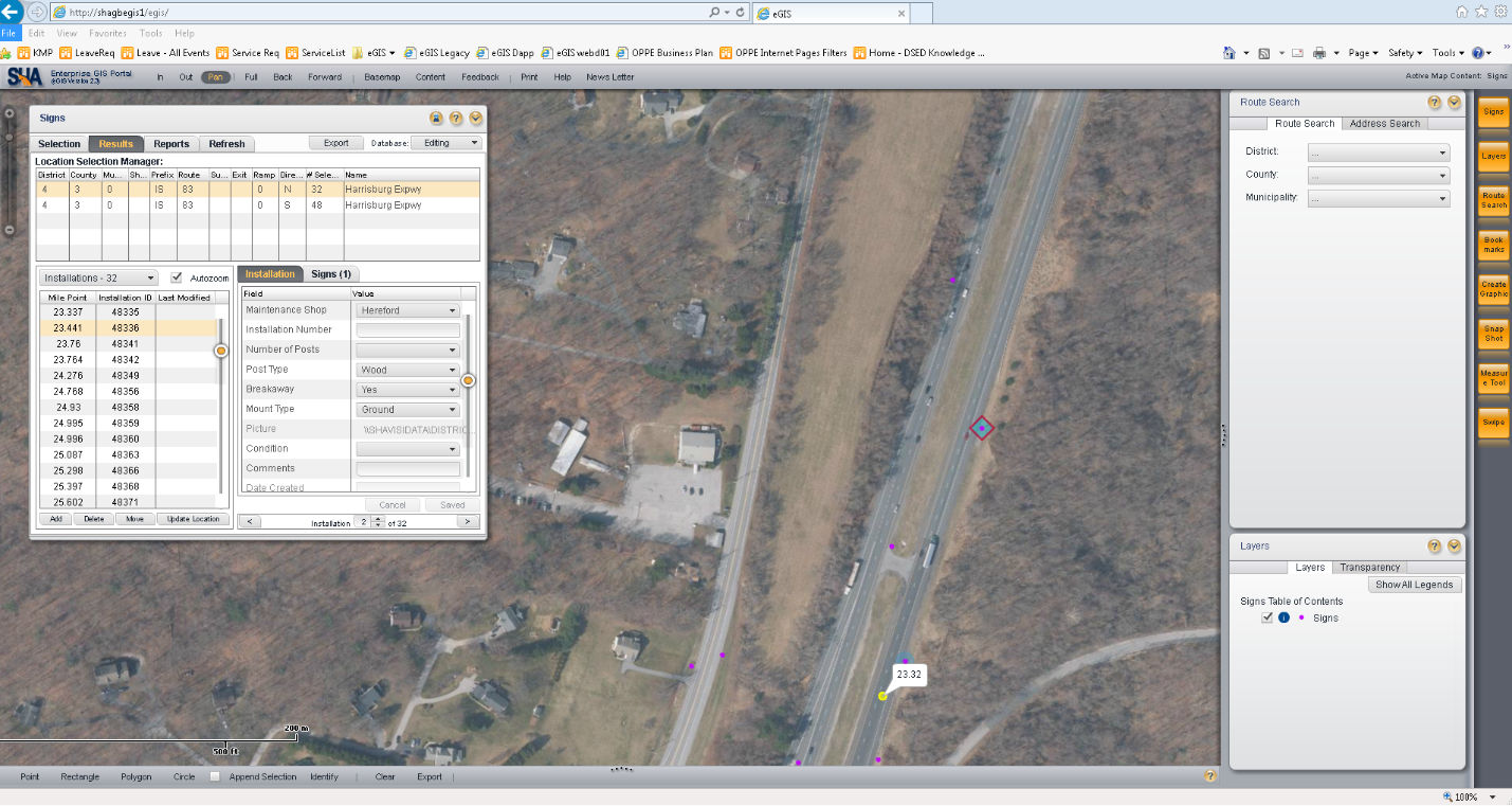 screenshot of the SHA Asset Data Management Warehouse showing a table of signs, a user interface, and a satellite photo marked to show the locations of signs