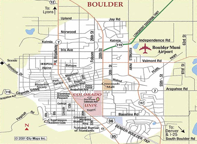 Map of Boulder Colorado, showing highways, main streets, and points of interest, including the Boulder Muni Airport, Colorado University, Crossroads Mall, Chautauqua Auditorium, etc.
