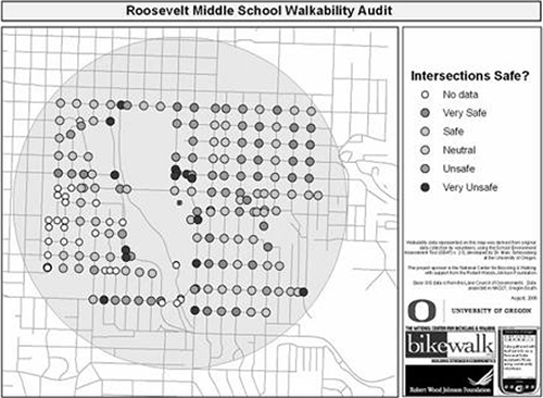 Screenshot from the Roosevelt Middle School Walkability Audit showing a street map populated with shaded dots at intersections. Each dot indicates one of five safety levels, from Very Safe to Very Unsafe.