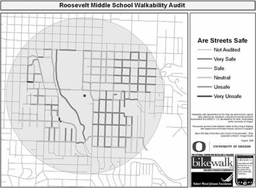 Screenshot from the Roosevelt Middle School Walkability Audit showing a street map with colored street segments (sections of streets between intersections). Each segment indicates one of five safety levels, from Very Safe to Very Unsafe.