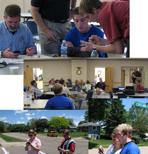 A collage of photographs from the GIS workshops: participants plotting information from handheld devices onto a map, a classroom with twelve participants listening to a speaker, and two photographs of pairs of volunteers inputting field data into handheld devices