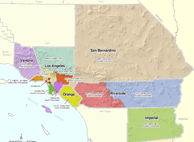 A map of the SCAG region, color-coded by county