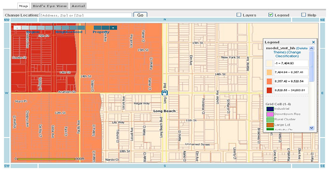 Screenshot of a CA LOTS color-coded street map of a section of the city of Long Beach, California