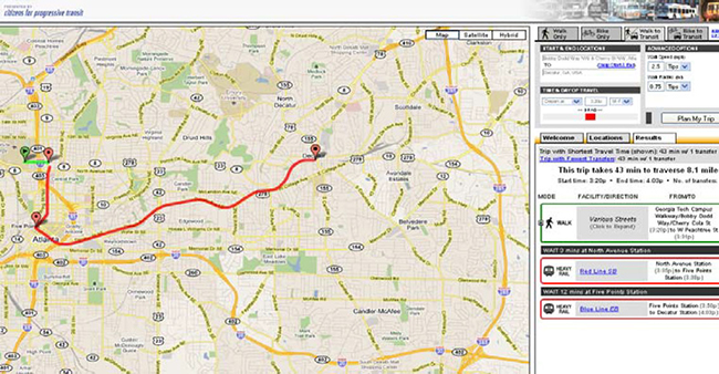 A screenshot from the A-Train planning tool: a Google map result of a trip planning query shows the proposed trip plotted with red and green line segments