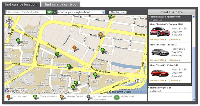 A screenshot from the Zipcar website: a Google street map of the Kendall Square area of Cambridge, MA, plotted with green markers to show Zipcar locations