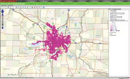 A screenshot from the Access to Destinations Study which shows a color-coded map of St.Paul/Minneapolis, Minnesota