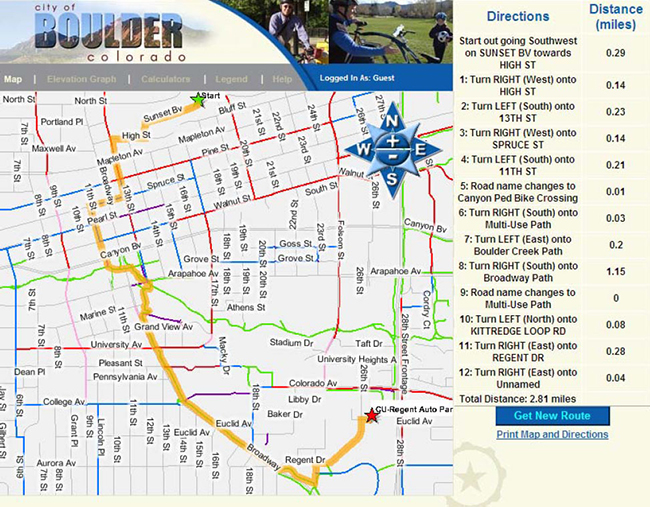 Screenshot from GOBikeBoulder , with a map and a list of directions. The map's recommended bike path between the starting point and the destination is highlighted in orange. The list of directions provides the total distance to travel as well as a distance for each segment of the journey.