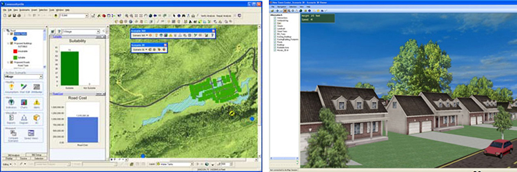 Two screenshots from the CommunityViz software tool: a color-coded map showing suitability and road cost, and a 3D image of a suburban neighborhood street
