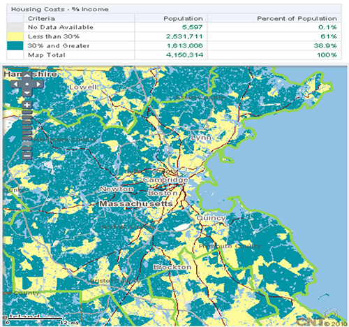 Screenshot from the H + T Affordability Index which shows a colored-coded map of the Greater Boston Massachusetts area plotting housing costs as a percentage of income: less than 30%, 30% and greater, or no data available